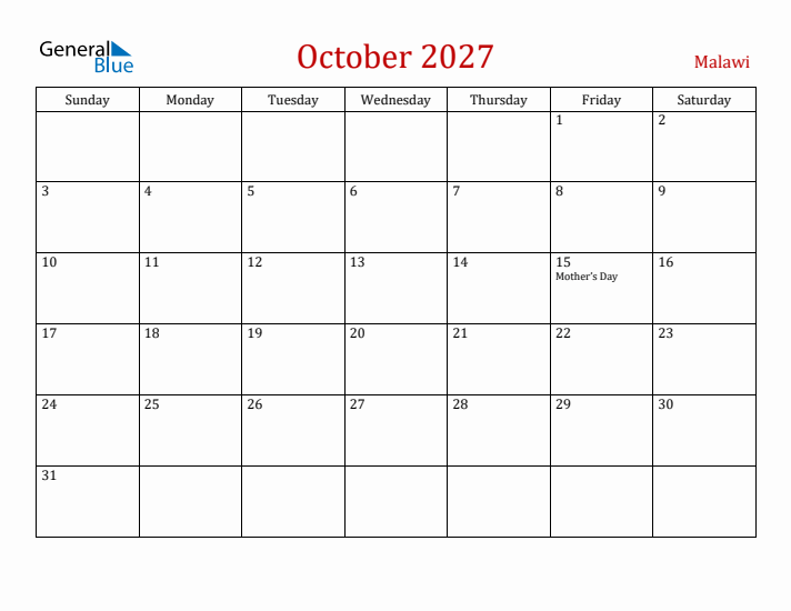 Malawi October 2027 Calendar - Sunday Start