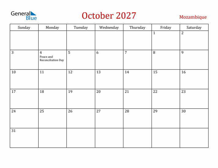 Mozambique October 2027 Calendar - Sunday Start