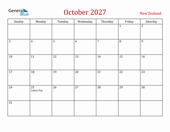 New Zealand October 2027 Calendar - Sunday Start