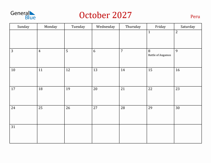 Peru October 2027 Calendar - Sunday Start