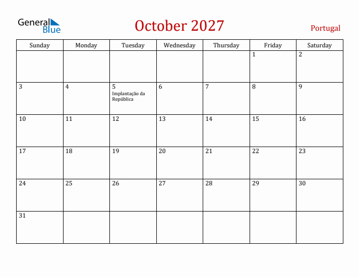 Portugal October 2027 Calendar - Sunday Start
