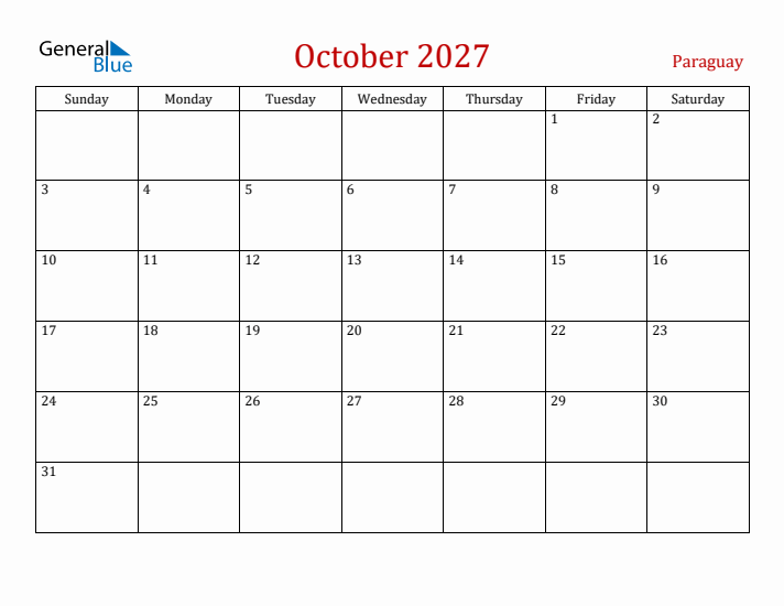 Paraguay October 2027 Calendar - Sunday Start