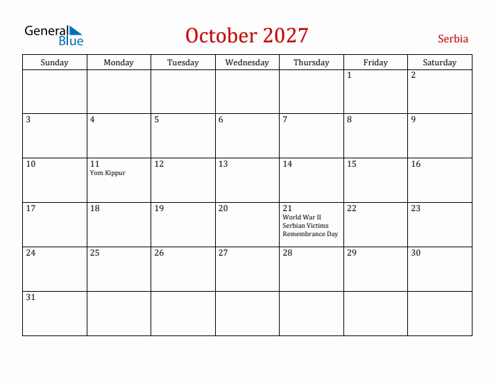 Serbia October 2027 Calendar - Sunday Start