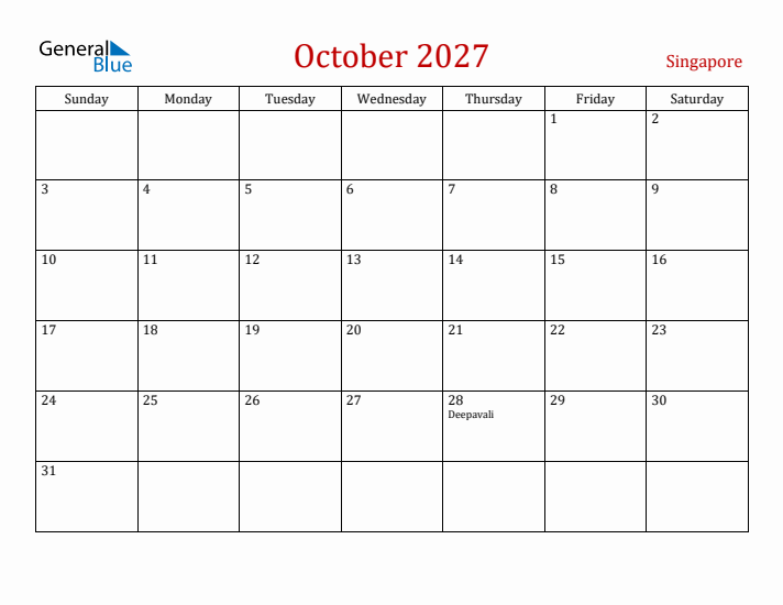 Singapore October 2027 Calendar - Sunday Start