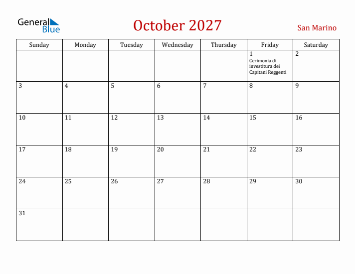 San Marino October 2027 Calendar - Sunday Start