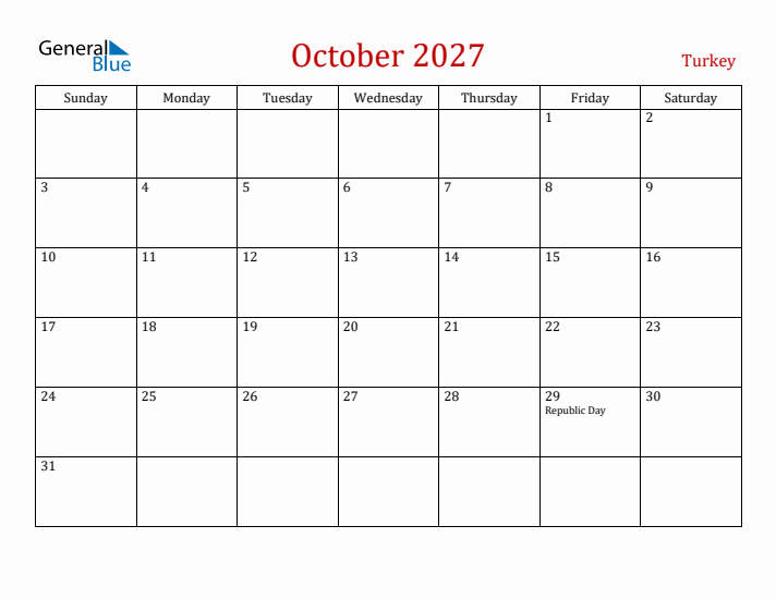 Turkey October 2027 Calendar - Sunday Start