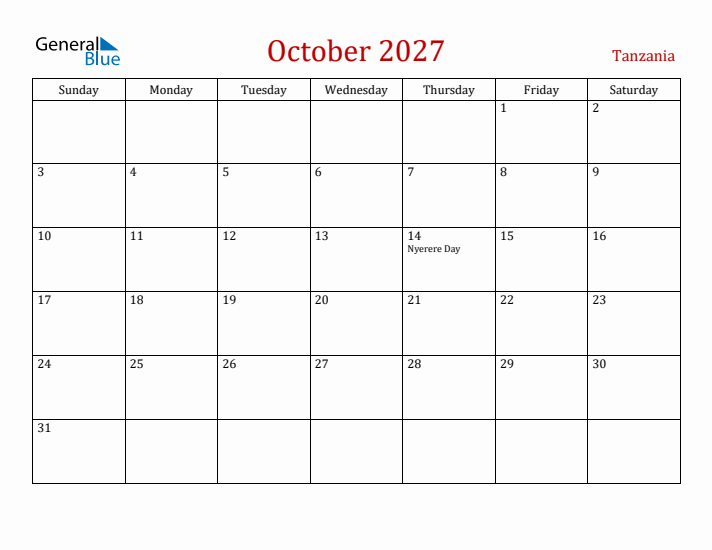 Tanzania October 2027 Calendar - Sunday Start