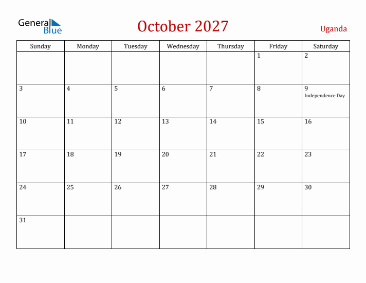 Uganda October 2027 Calendar - Sunday Start