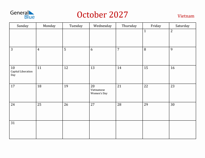Vietnam October 2027 Calendar - Sunday Start