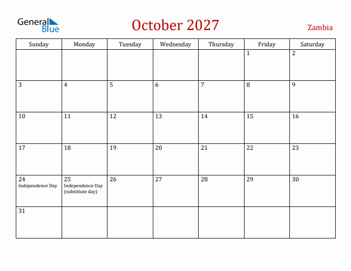 Zambia October 2027 Calendar - Sunday Start