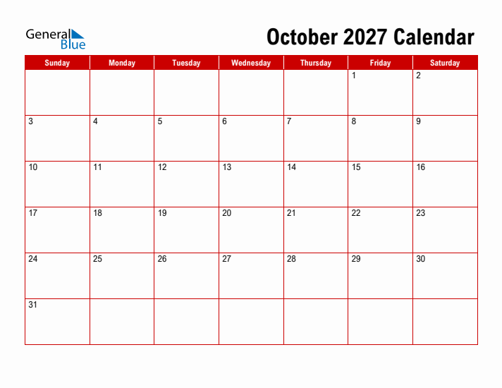 Basic Monthly Calendar - October 2027