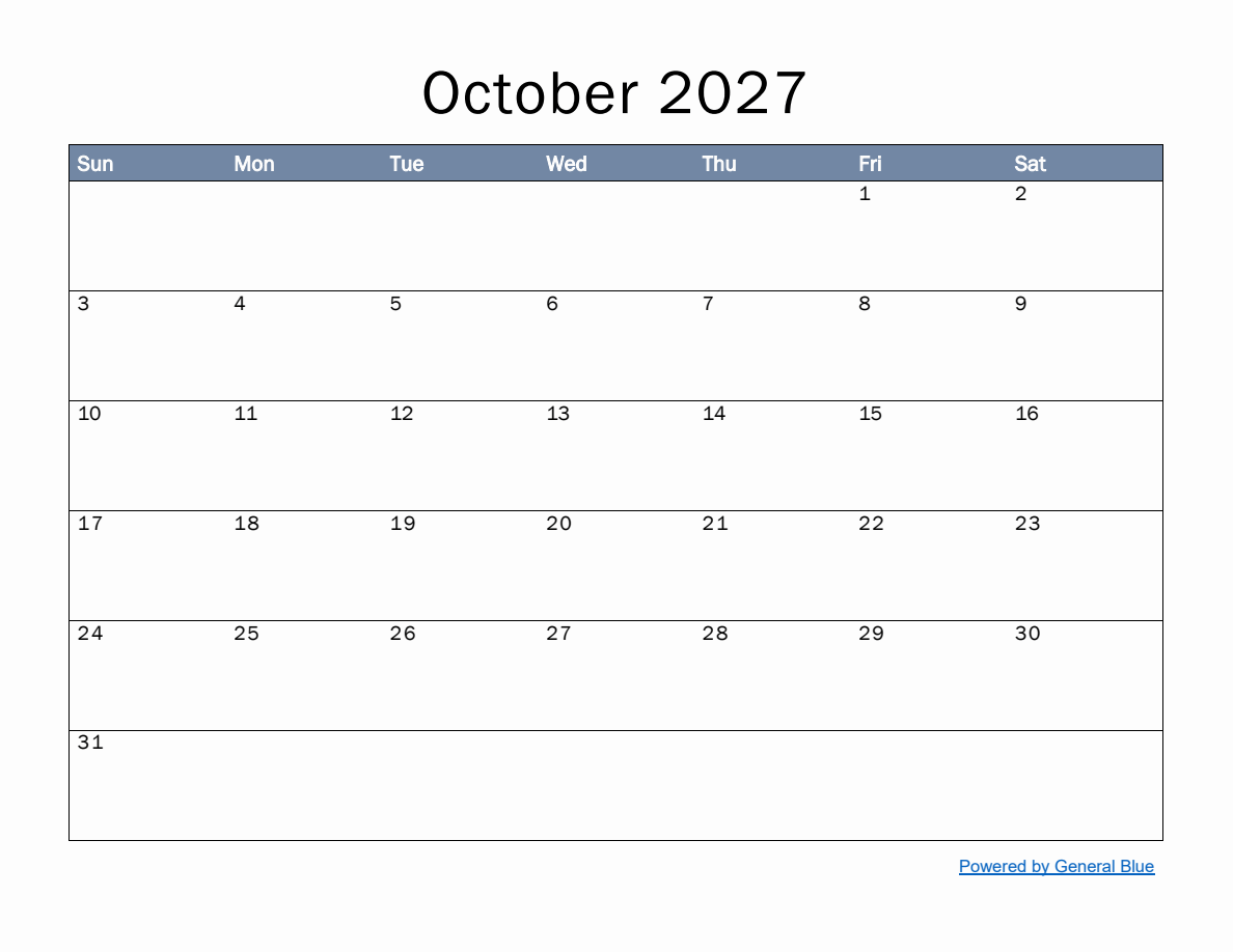 Monthly Calendar Template for October 2027