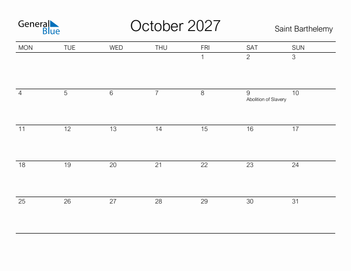 Printable October 2027 Calendar for Saint Barthelemy