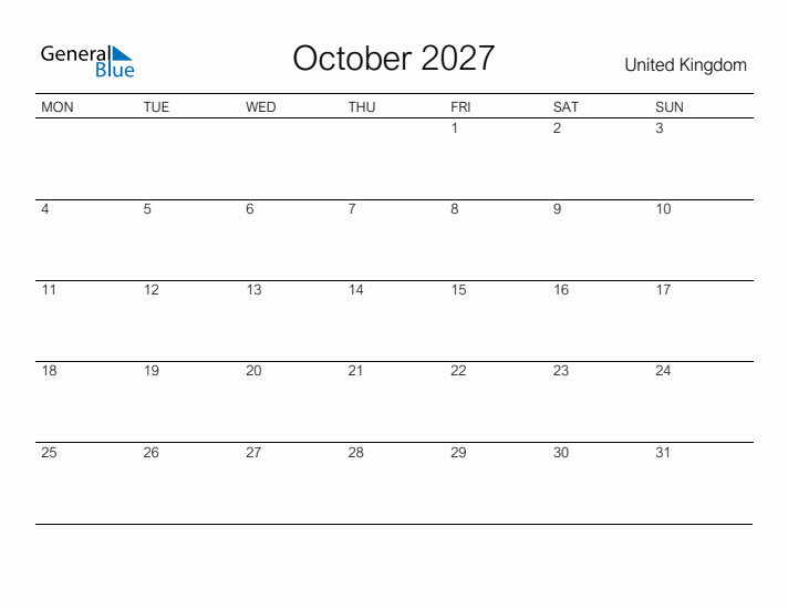 Printable October 2027 Calendar for United Kingdom