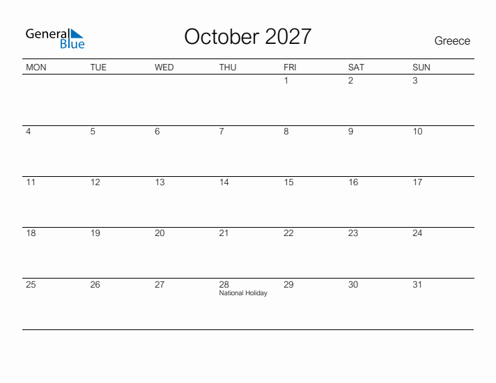 Printable October 2027 Calendar for Greece
