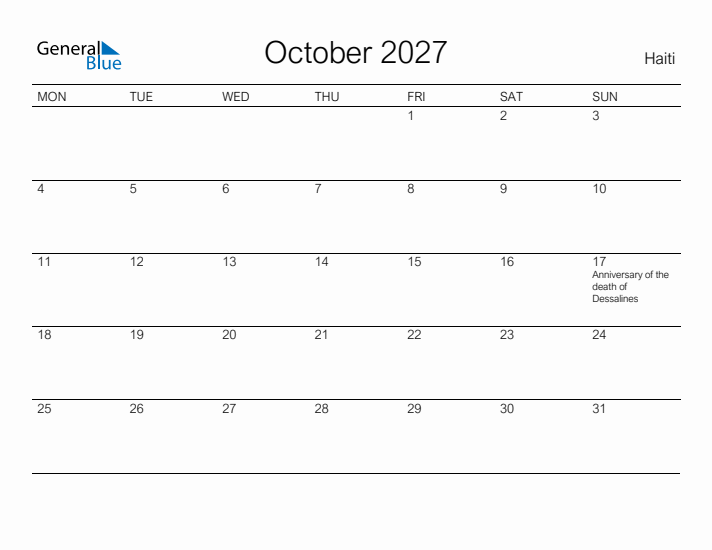 Printable October 2027 Calendar for Haiti