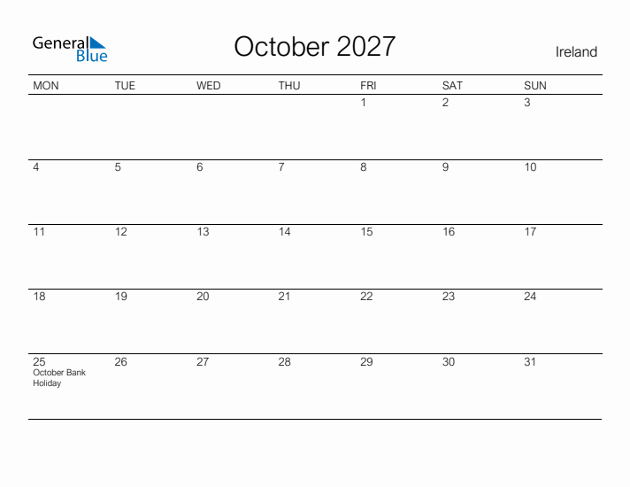 Printable October 2027 Calendar for Ireland