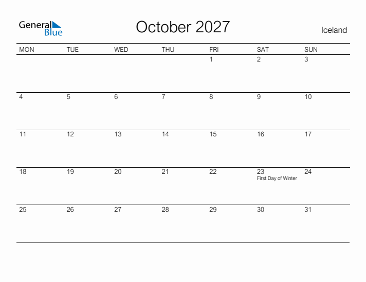 Printable October 2027 Calendar for Iceland