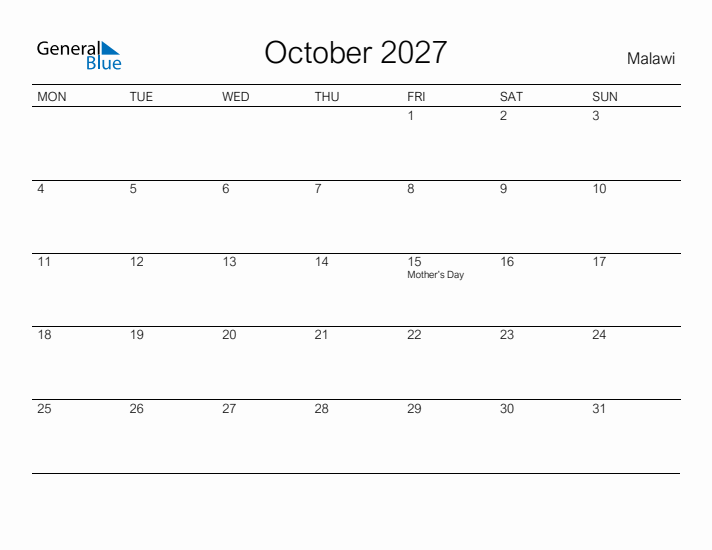 Printable October 2027 Calendar for Malawi