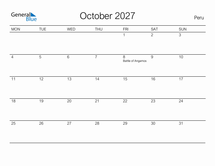 Printable October 2027 Calendar for Peru