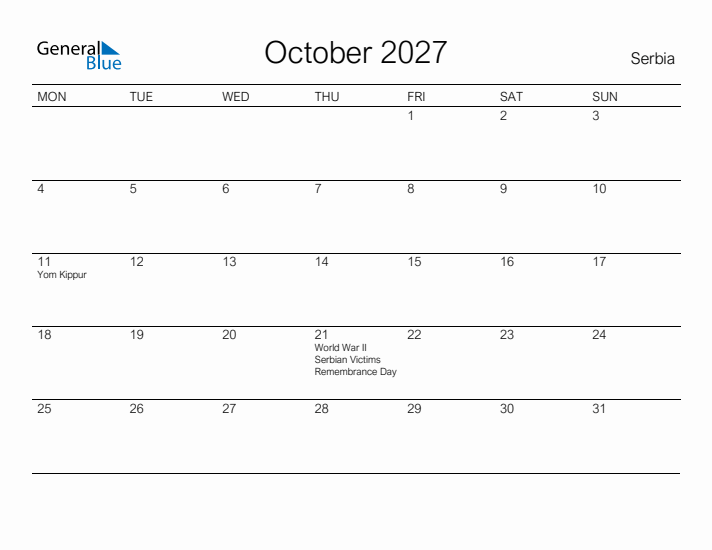 Printable October 2027 Calendar for Serbia