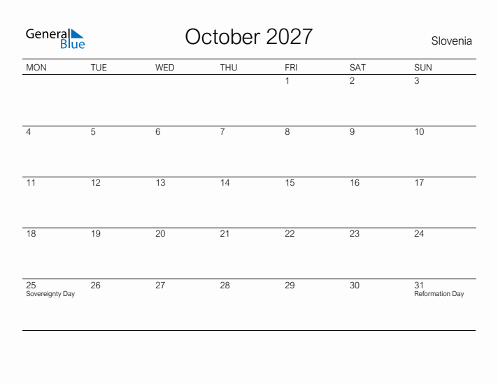 Printable October 2027 Calendar for Slovenia