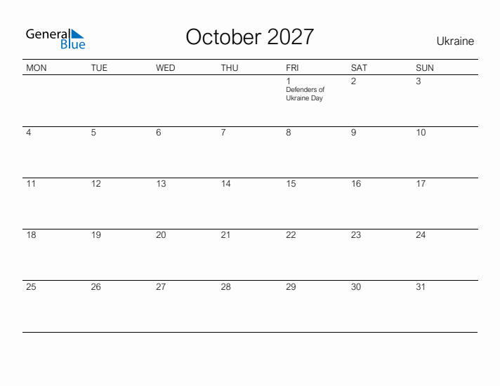 Printable October 2027 Calendar for Ukraine