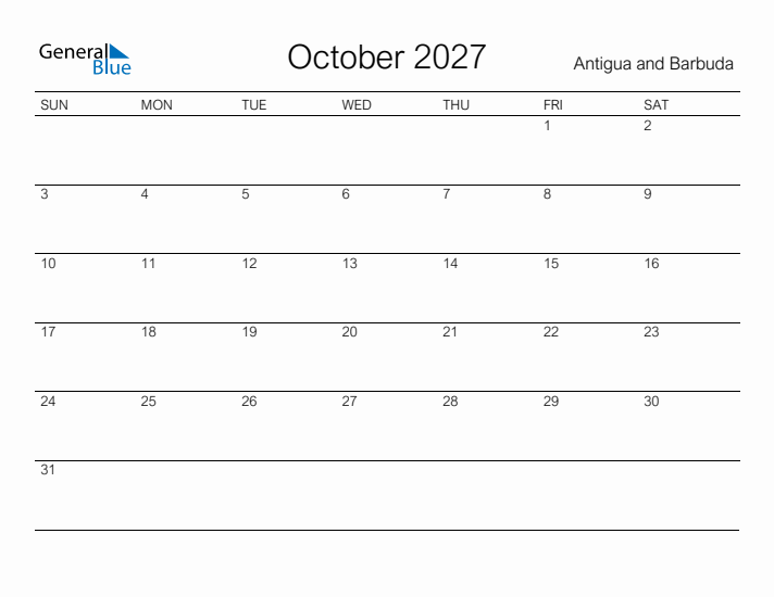 Printable October 2027 Calendar for Antigua and Barbuda