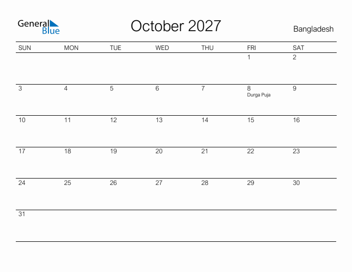 Printable October 2027 Calendar for Bangladesh