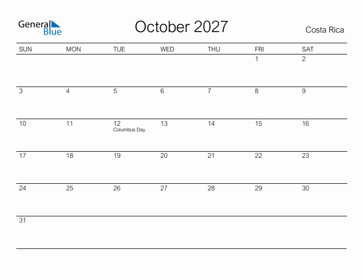 Printable October 2027 Calendar for Costa Rica
