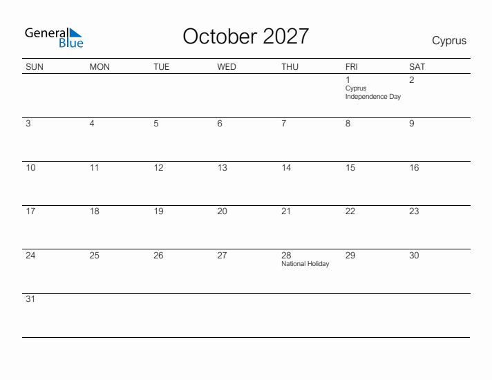 Printable October 2027 Calendar for Cyprus