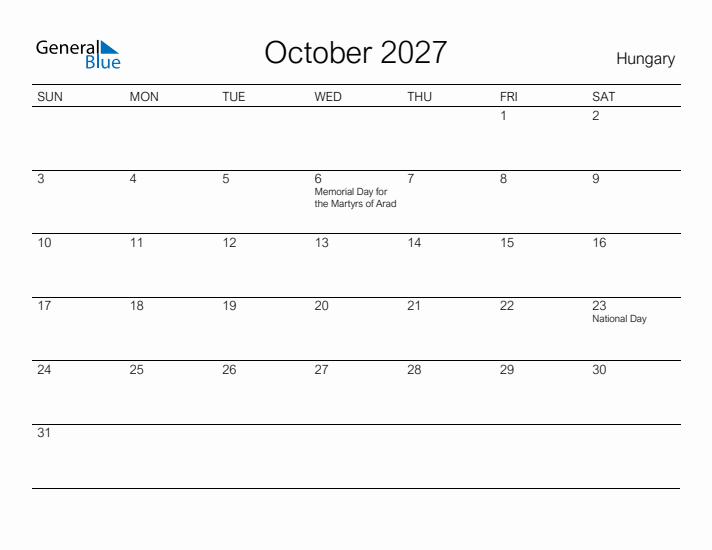 Printable October 2027 Calendar for Hungary