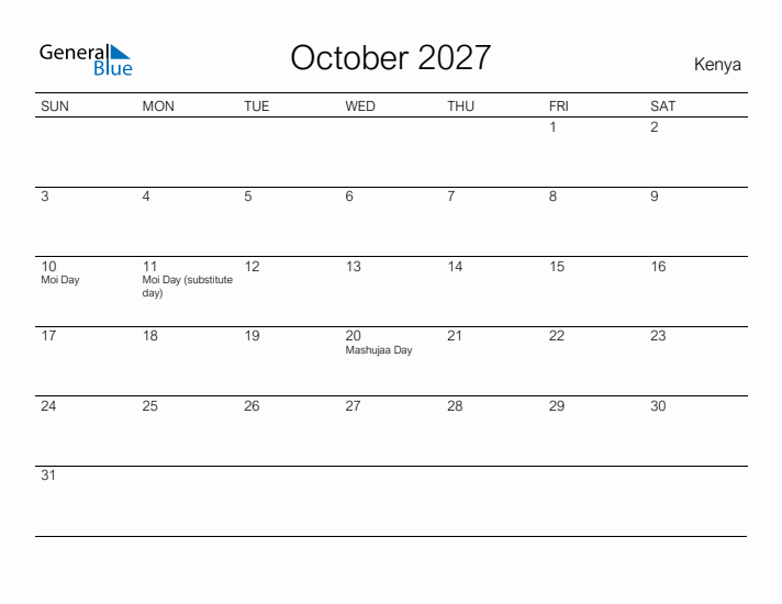 Printable October 2027 Calendar for Kenya