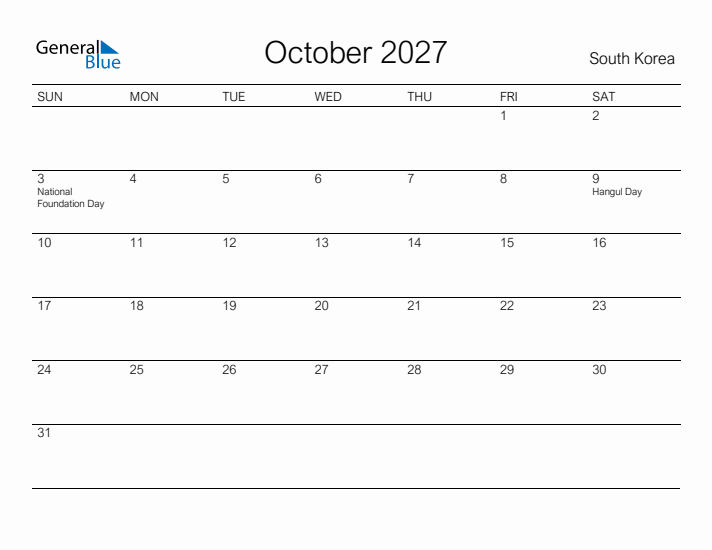 Printable October 2027 Calendar for South Korea