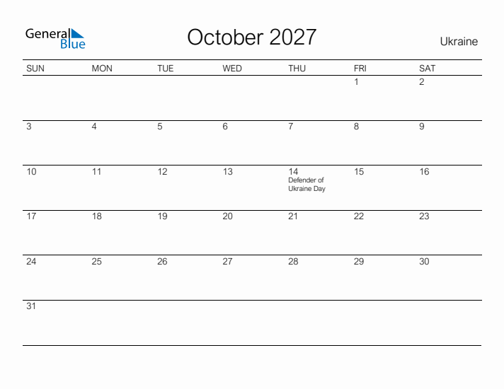Printable October 2027 Calendar for Ukraine