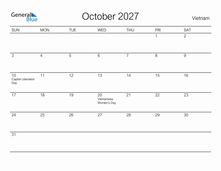 Printable October 2027 Calendar for Vietnam
