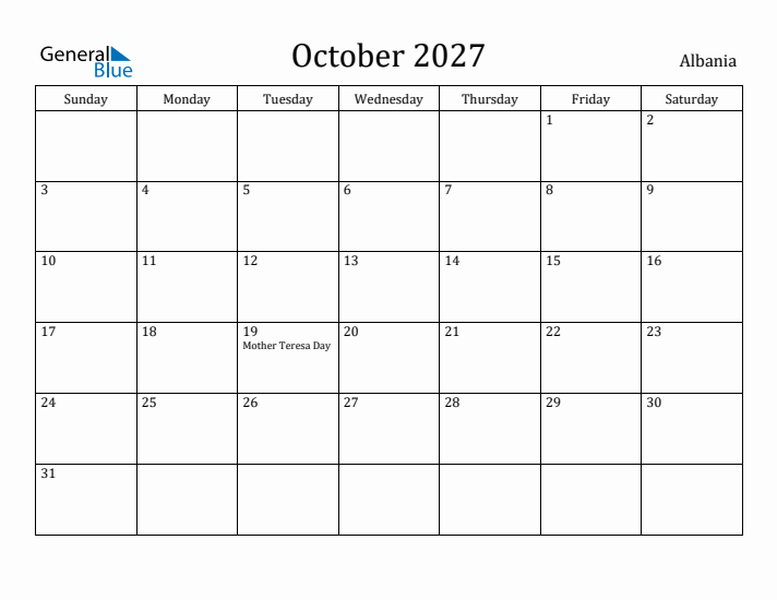 October 2027 Calendar Albania