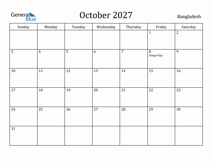October 2027 Calendar Bangladesh