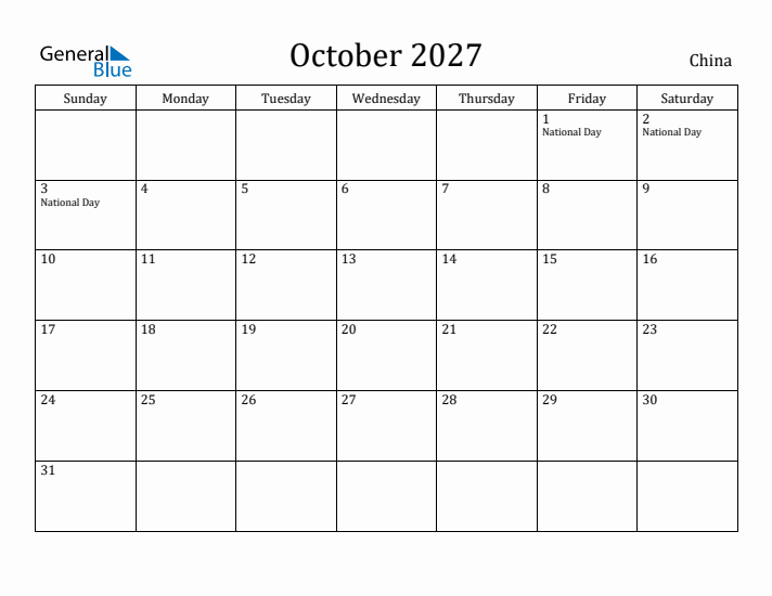 October 2027 Calendar China