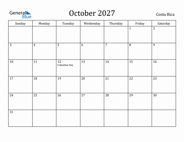 October 2027 Calendar Costa Rica