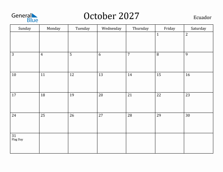 October 2027 Calendar Ecuador