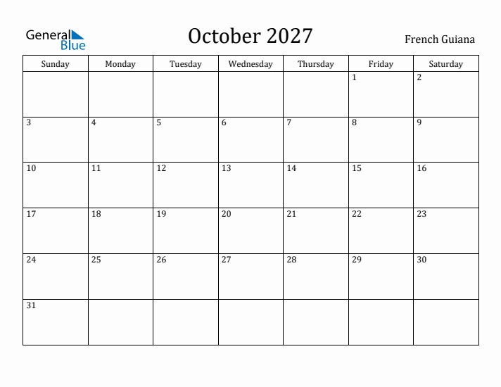 October 2027 Calendar French Guiana