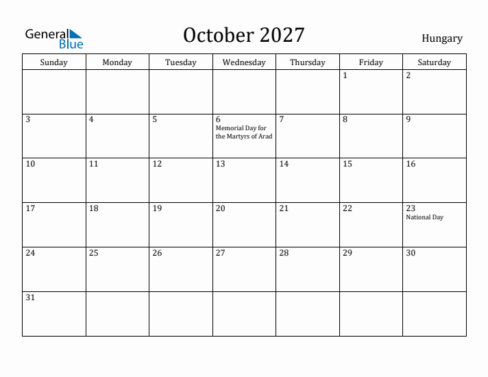 October 2027 Calendar Hungary