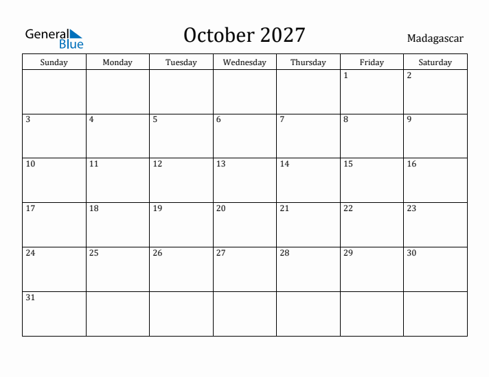 October 2027 Calendar Madagascar