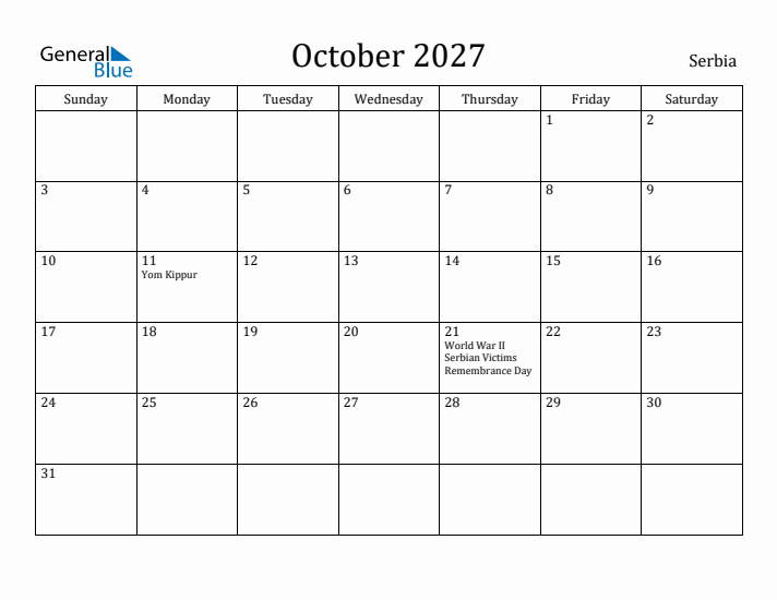 October 2027 Calendar Serbia