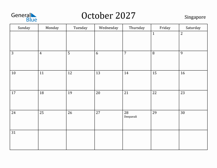 October 2027 Calendar Singapore