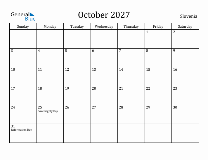 October 2027 Calendar Slovenia