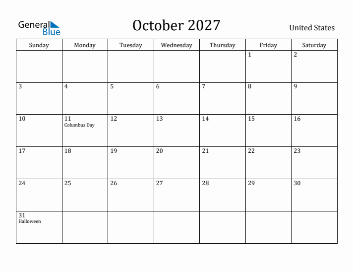 October 2027 Calendar United States