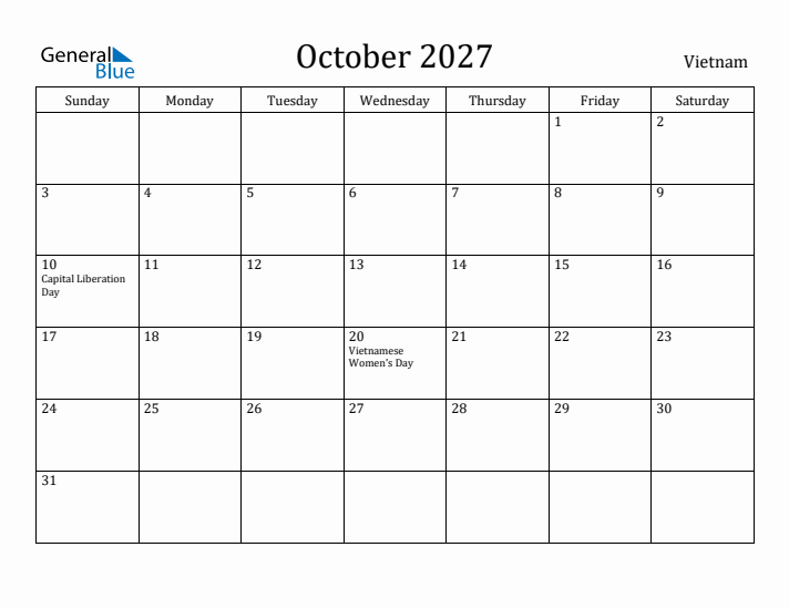 October 2027 Calendar Vietnam
