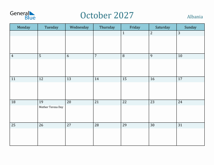 October 2027 Calendar with Holidays